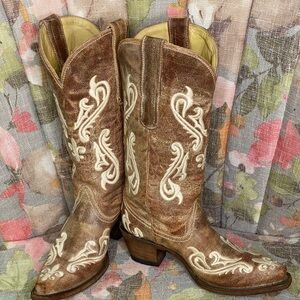 Corral Honey Leather Ivory Trim Western Cowboy Boots Sz. 6M Excellent Condition